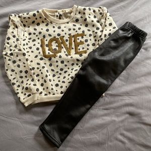 Girls size 5-6 Jessica Simpson cream polka dot love sweater leather leggings